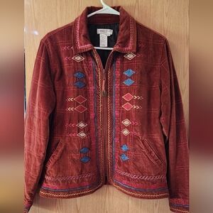 Coldwater Creek Brown and Blue Bomber Jacket with Geometric Design